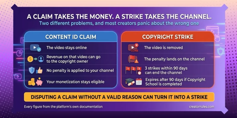 Comparison of a YouTube Content ID claim and a copyright strike, showing what each one costs the creator