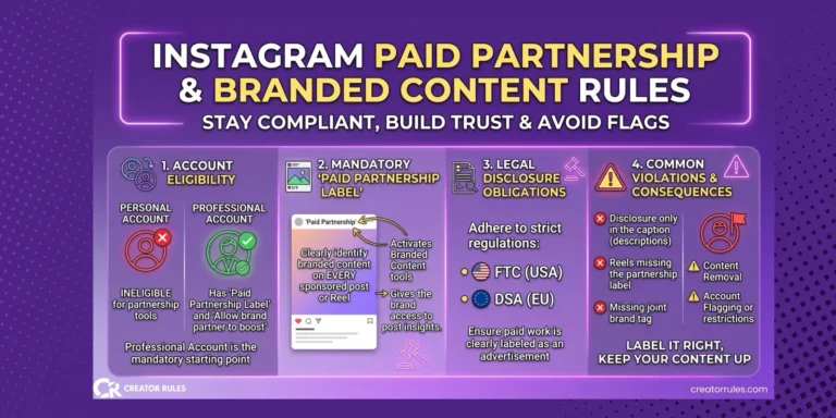 Chart of Instagram paid partnership rules: account eligibility, the mandatory label, legal disclosure and common violations