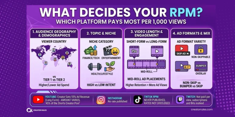 Chart showing the four factors that decide RPM and what YouTube, TikTok, Instagram and Twitch publish about creator pay