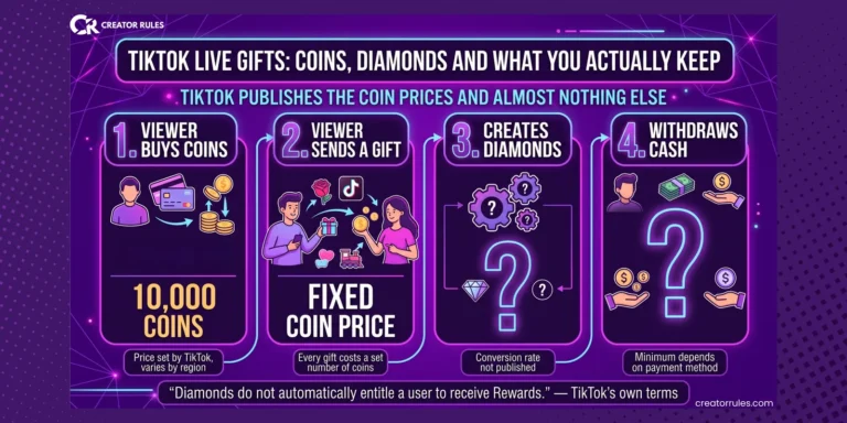 The four steps from coins to cash on TikTok LIVE: TikTok publishes the coin price and the gift price, but not the diamond conversion rate or the withdrawal minimum
