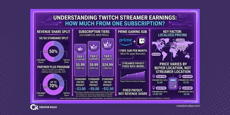 Twitch subscription earnings breakdown: 50/50 standard split, Partner Plus up to 70 percent, tier prices and how local pricing changes the payout