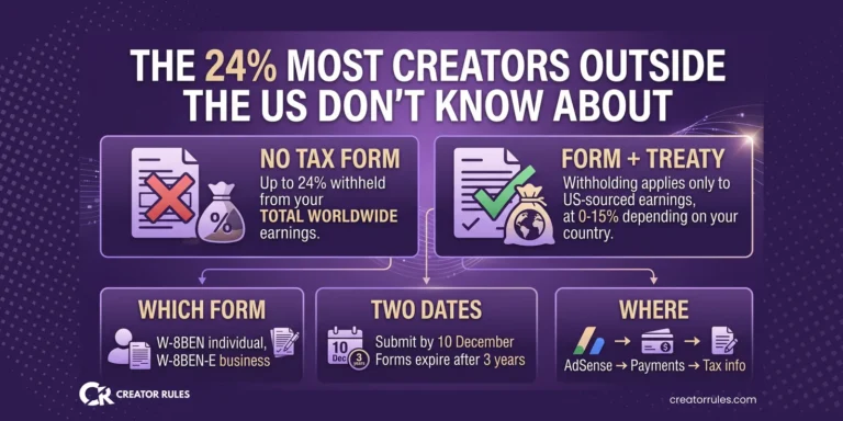 Comparison of US tax withholding for creators: no tax form means up to 24 percent of total worldwide earnings, form plus treaty means 0 to 15 percent on US-sourced earnings only