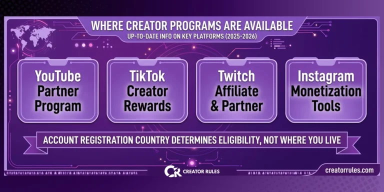 Banner comparing where the YouTube, TikTok, Twitch and Instagram creator programs are available