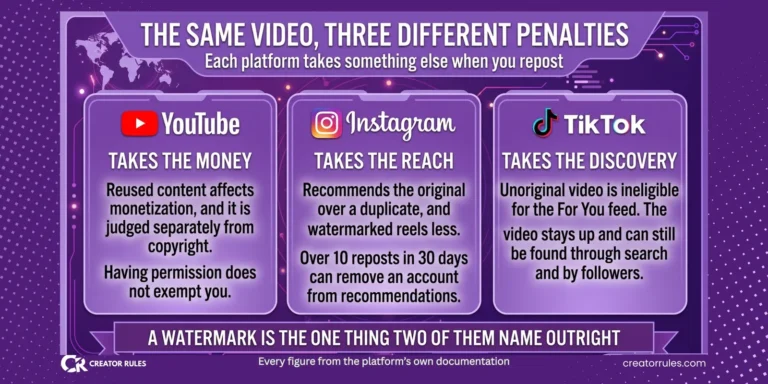Banner comparing what YouTube, Instagram and TikTok each do about reposted video